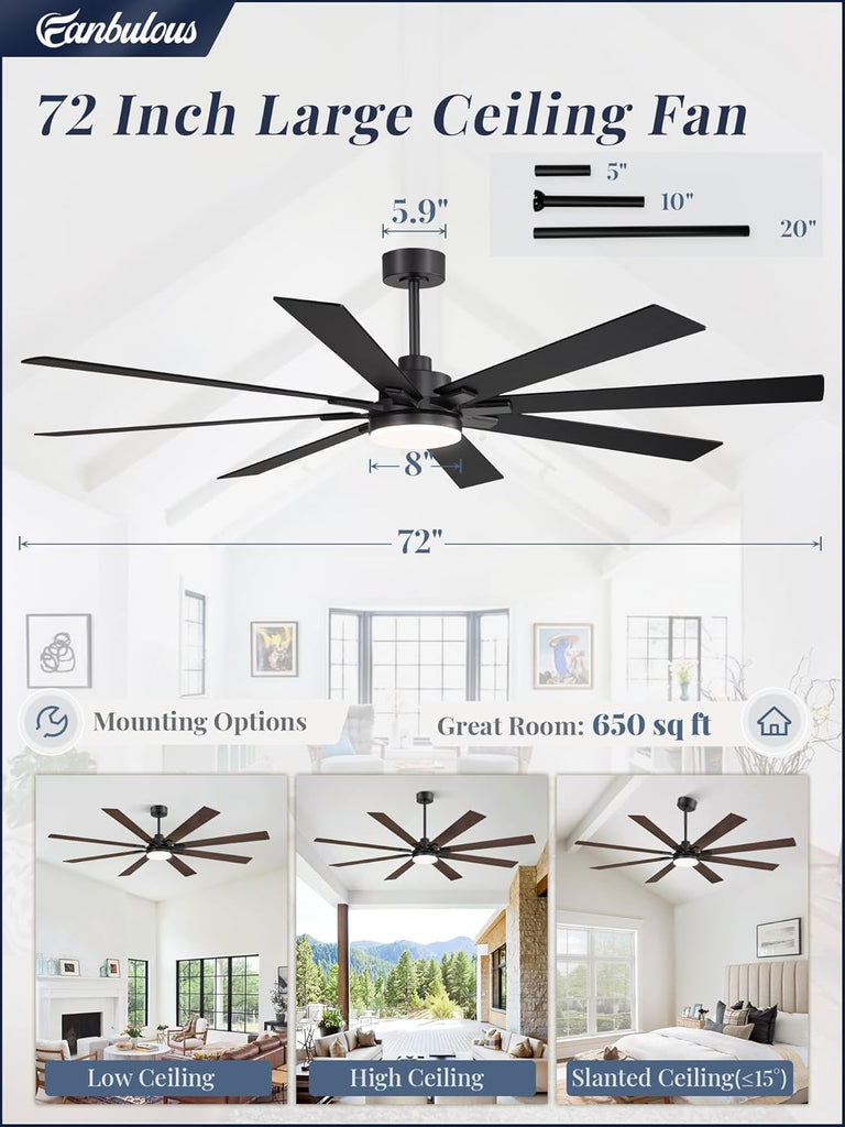 72 Inch Ceiling Fans with Lights and Remote, Dual-Sided Reversible Blades for Versatile Décor, Quiet DC Motor