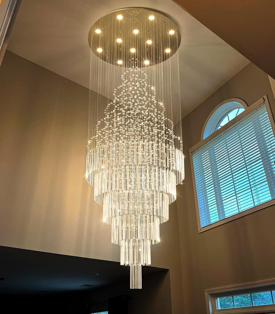 Glam Chandelier with LED Bulbs Crystal Raindrop High Ceiling Pendant Light for Entrance Large Villa Chandelier Foyer Lighting Fixtures Gold W32 x H100 A100-B0DJQHLWRM