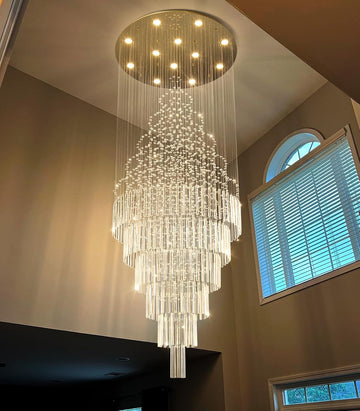 Glam Chandelier with LED Bulbs Crystal Raindrop High Ceiling Pendant Light for Entrance Large Villa Chandelier Foyer Lighting Fixtures Gold W32 x H100