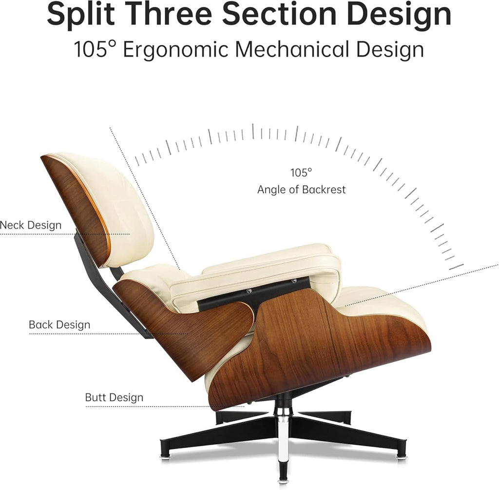 Mid-Century Modern Lounge Chair & Ottoman — Cream Bonded Grain Leather, Walnut Base, Premium Tall Back
