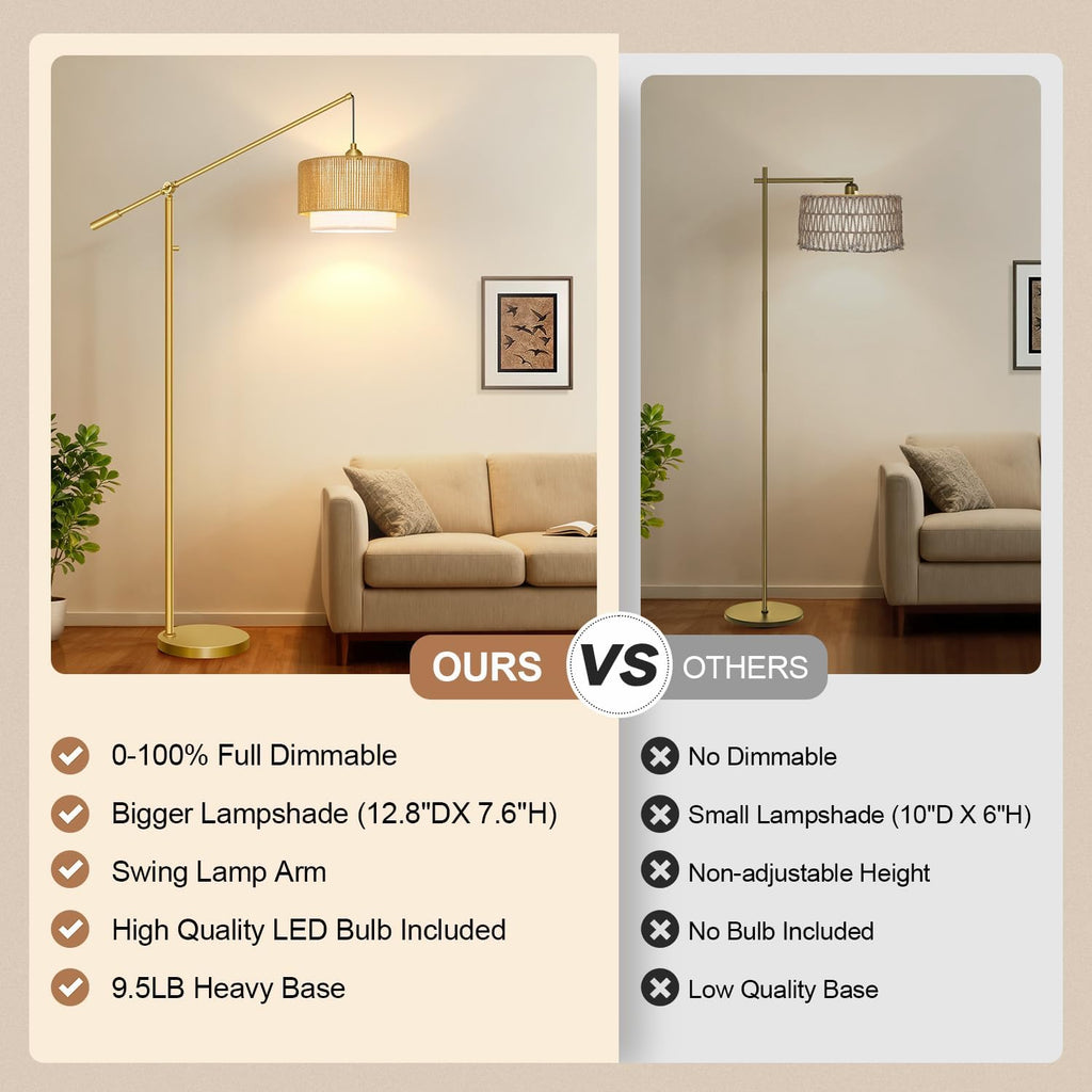 【Upgraded】Arc Floor Lamp, Boho Dimmable Swing Arm Floor Lamp with Rattan & Fabric Shades