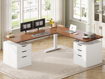 L Shaped Electric Standing Desk, 66.9" x 57.1" Height Adjustable Corner Desk with 6 Drawers & Built-in Power Outlet