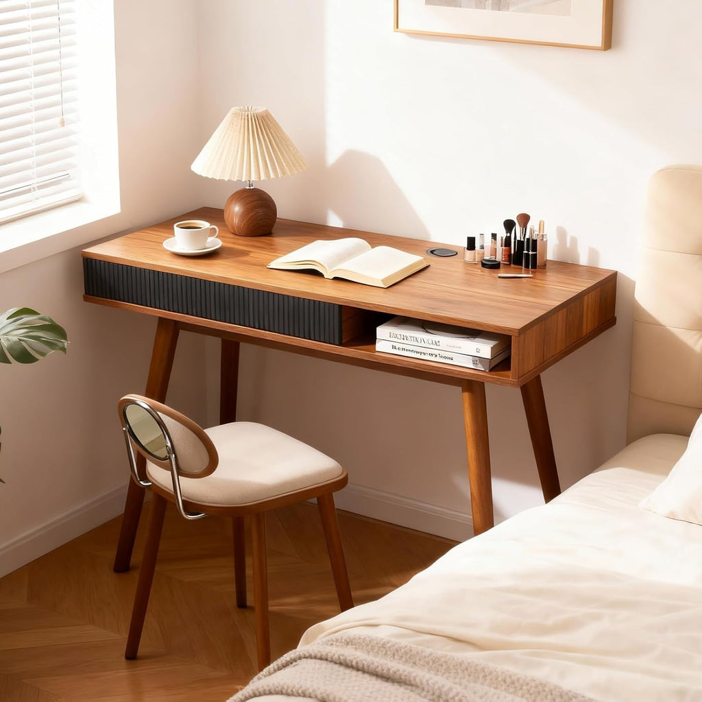 Mid Century Modern Office Desk with Drawer & Open Cubby, 42.5" Walnut Writing Desk with Cable Grommet, Solid Wood Legs