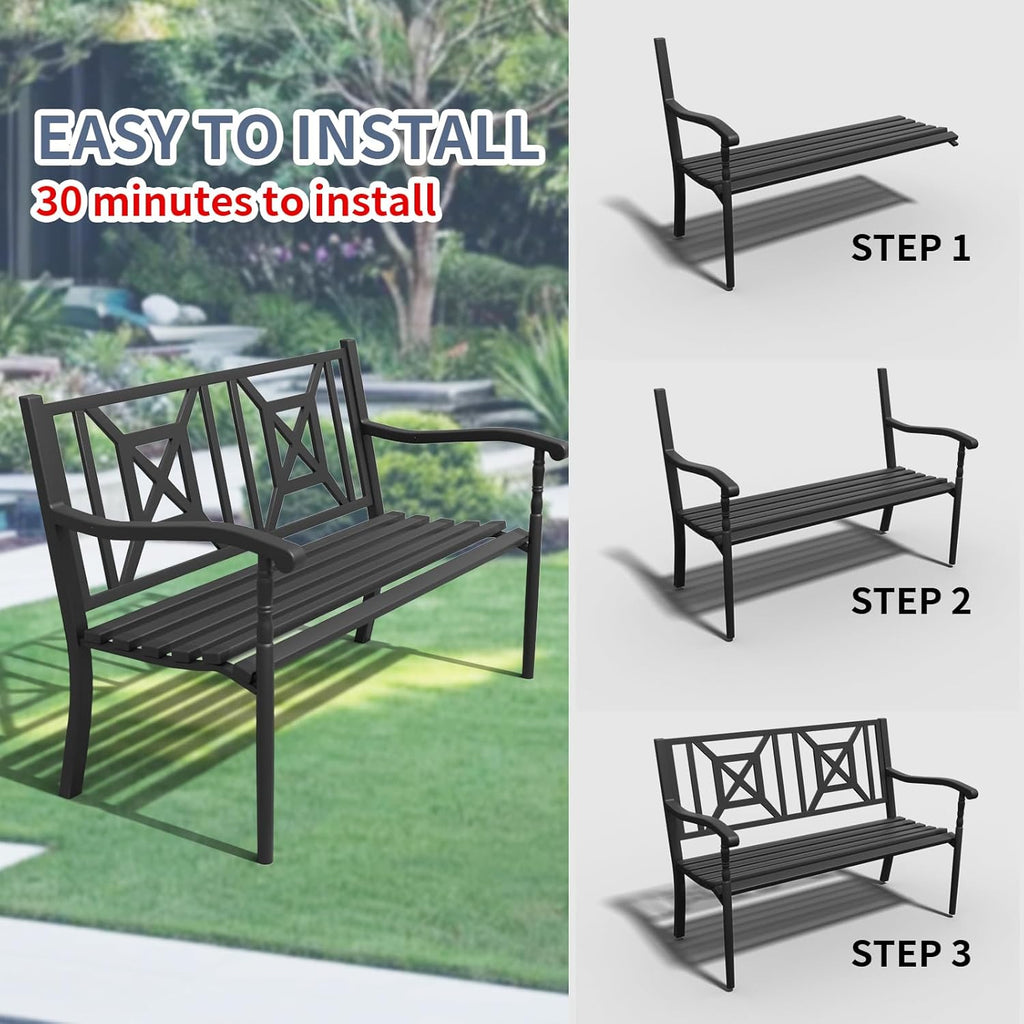50'' Outdoor Bench, Garden Bench, Outdoor Metal Frame Patio Park Bench with Backrest and Armrests,for Porch