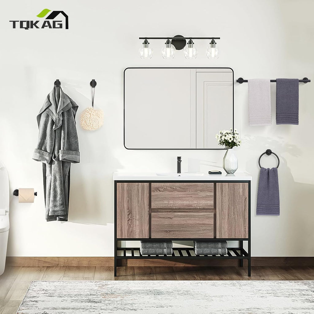 Matte Black Bathroom Hardware Set 5 Pieces, SUS304 Stainless Steel Towel Bar Set Round Bathroom Towel Rack Set Wall