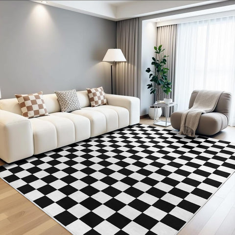 5x7 Washable Checkered Area Rug, Low Pile Non-Slip Carpet for Living Room Bedroom Black White