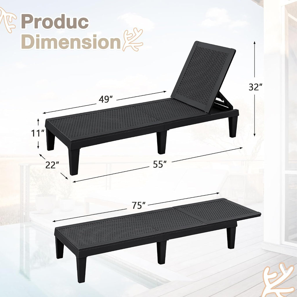 Outdoor Lounge Chairs Set of 2, Quick Assembly & Waterproof Patio Chaise Lounge with Adjustable Backrest for