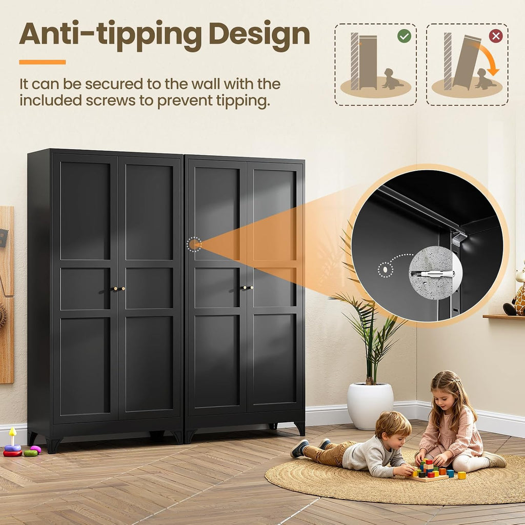 Metal Pantry Cabinet, 75" Kitchen Pantry with 2 Door and 4 Adjustable Shelves,Black Metal Pantry Storage