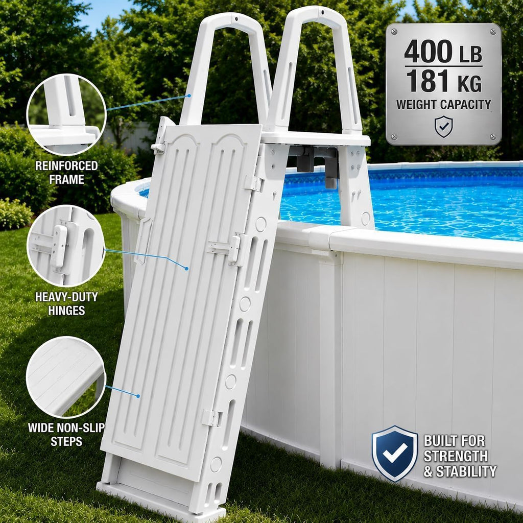 Above Ground Pool Ladder & Step System with Lockable Safety Gate, Adjustable Height, Wide Non-Slip Steps, Heavy-Duty