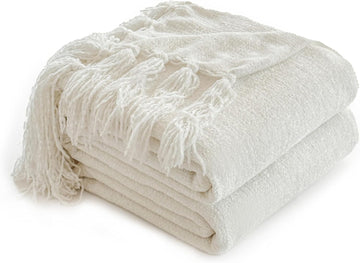 Soft Chenille Throw Blanket 50'' x 60'' - Cozy Fluffy Blanket with Fringe Tassel, Farmhouse Boho Blankets, Cream