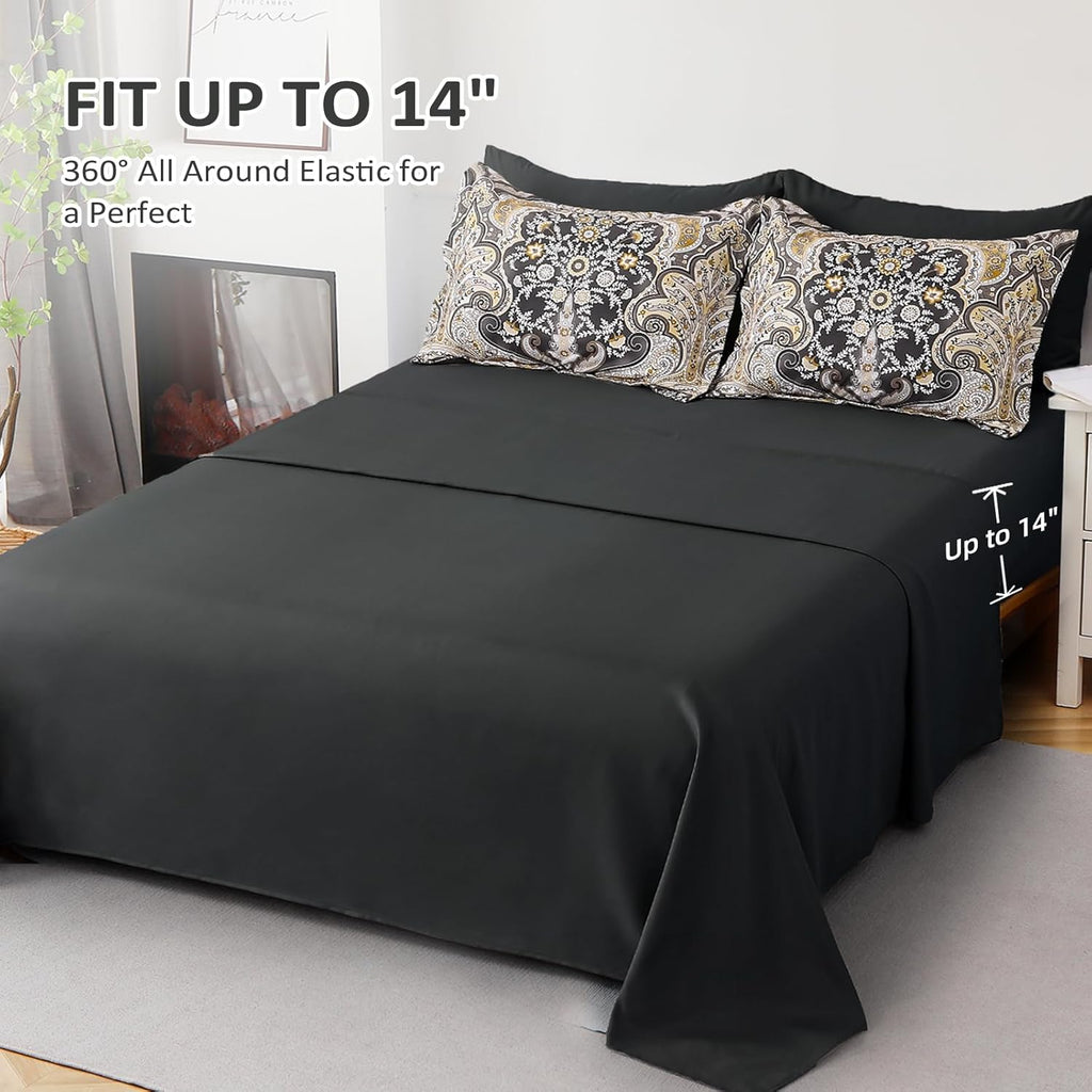 Drucon Boho Paisley Comforter Set Queen, 7 Pieces Bed in a Bag Black Gold Comforter Set
