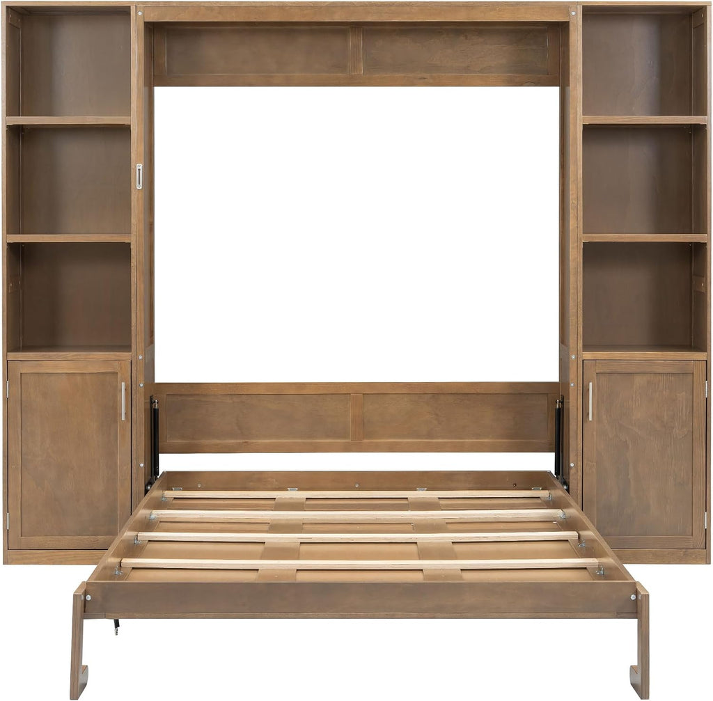 Queen Murphy Bed with Storage, Solid Wood Foldable Wall Platform Bed Frame with Storage Shelves and Cabinets for