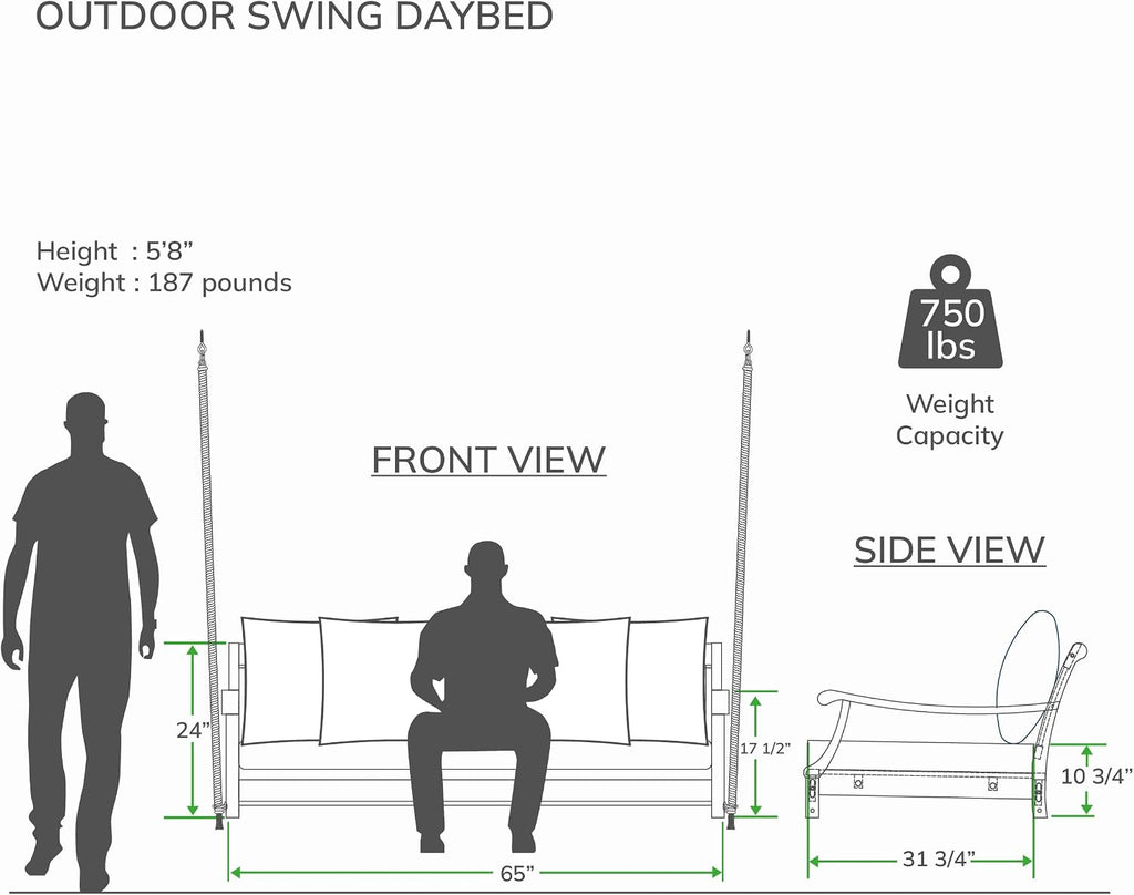 Robin Teak Wood 6 FT Porch Swing Bed, Upgraded Patio Porch Swing Daybed with Thick Cushion Support, 750 LB Weight