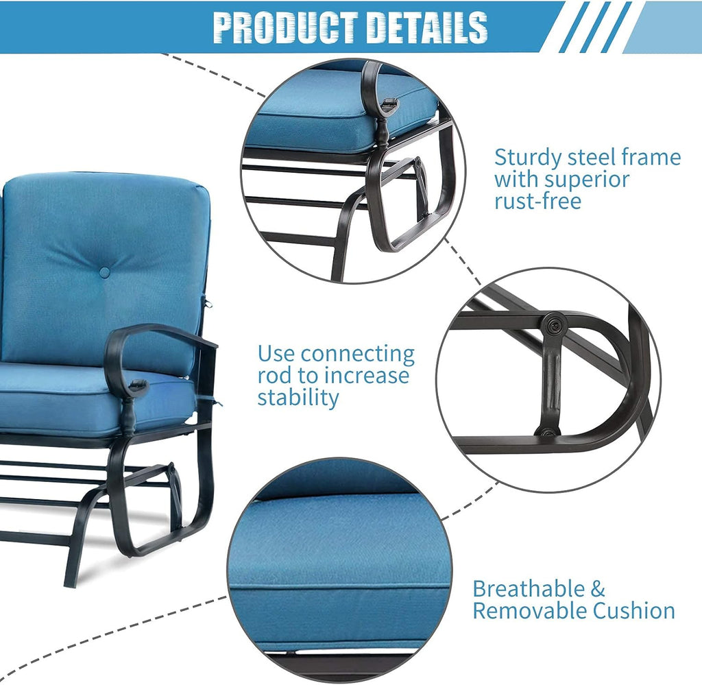 Patio Bench, Porch Glider Outdoor Swing Glider Rocking Loveseat, Steel Frame Chair with Thick Cushion (Peacock Blue)
