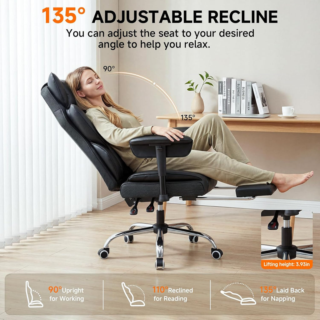 Leather Big and Tall Office Gaming Chair with Footrest Ergo Lumbar Support | 135°Reclining Adjustable Recline | Back