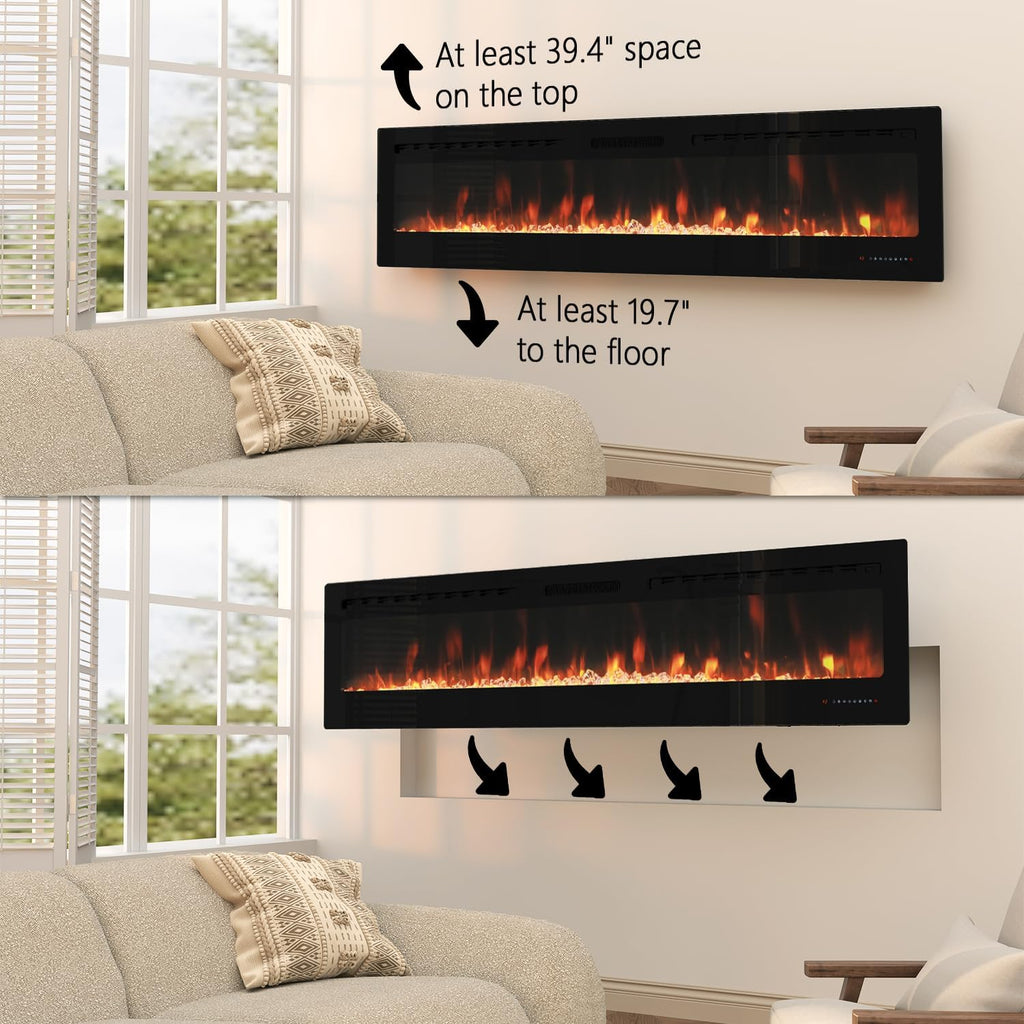 Smart Electric Fireplace - 80 Inch Electric Fireplace Inserts, Wall Mount or in-Wall Recessed Fireplace Heater