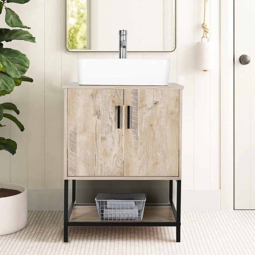 24" Bathroom Vanity Sink Combo Modern Metal Stand Cabinet W/Bottom Shelf White Rectangle Vessel Sink & Water