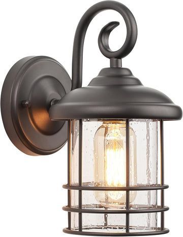 1-Pack 5.5" Narrow Oil Rubbed Bronze Outdoor Wall Sconce, 9.8" Rustic Farmhouse Porch Light with Seedy Glass