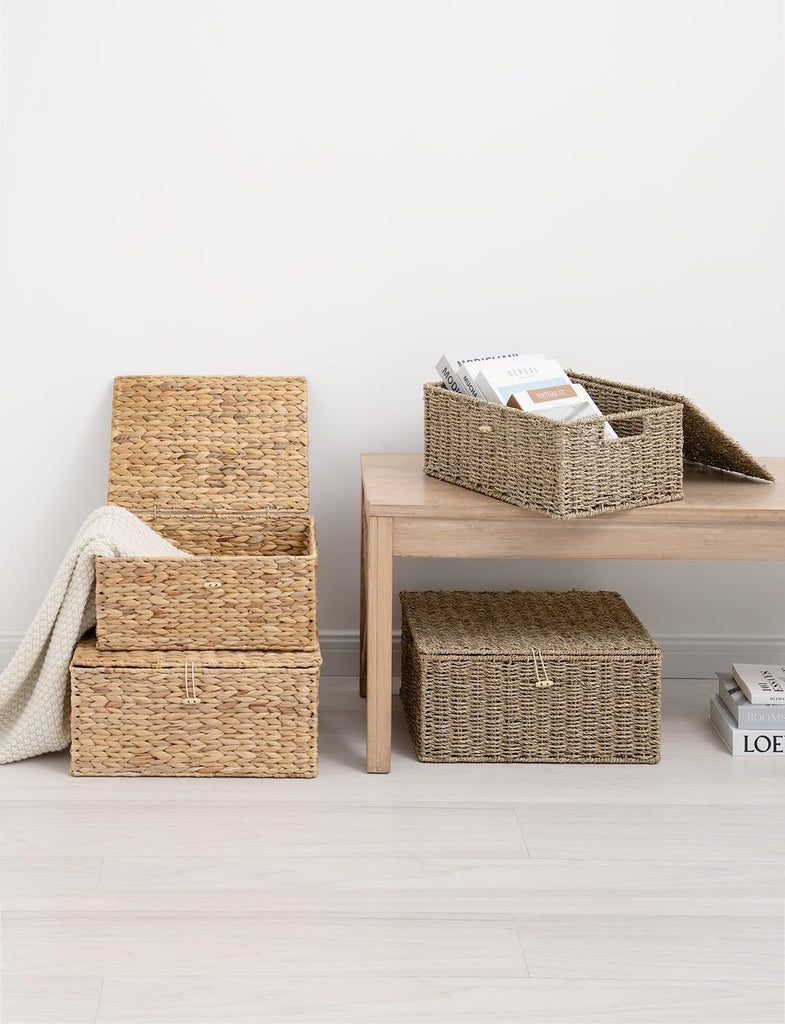 Seagrass Wicker Baskets for Organizing, Large Wicker Basket with Lid, Decorative Basket with Built-in Handles