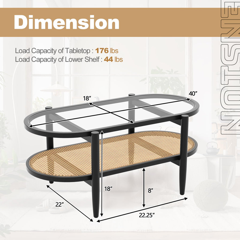 Oval 2-Tier Rattan Coffee Table with Curved Wood Frame (Black)