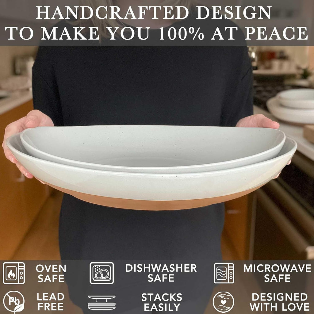 Ceramic Large Serving Bowls- Set of 2 Oval Platters for Entertaining. Modern Kitchen Dishes for Dinner, Fruit, Salad