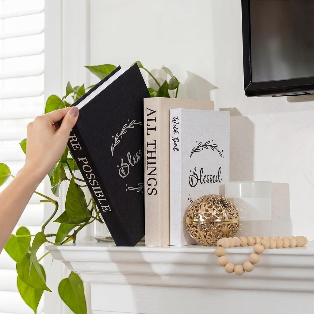 Set of 3 with God All Things are Possible Decorative Books Decor Linen Faux Books Stacked Neutral Modern Aesthetic