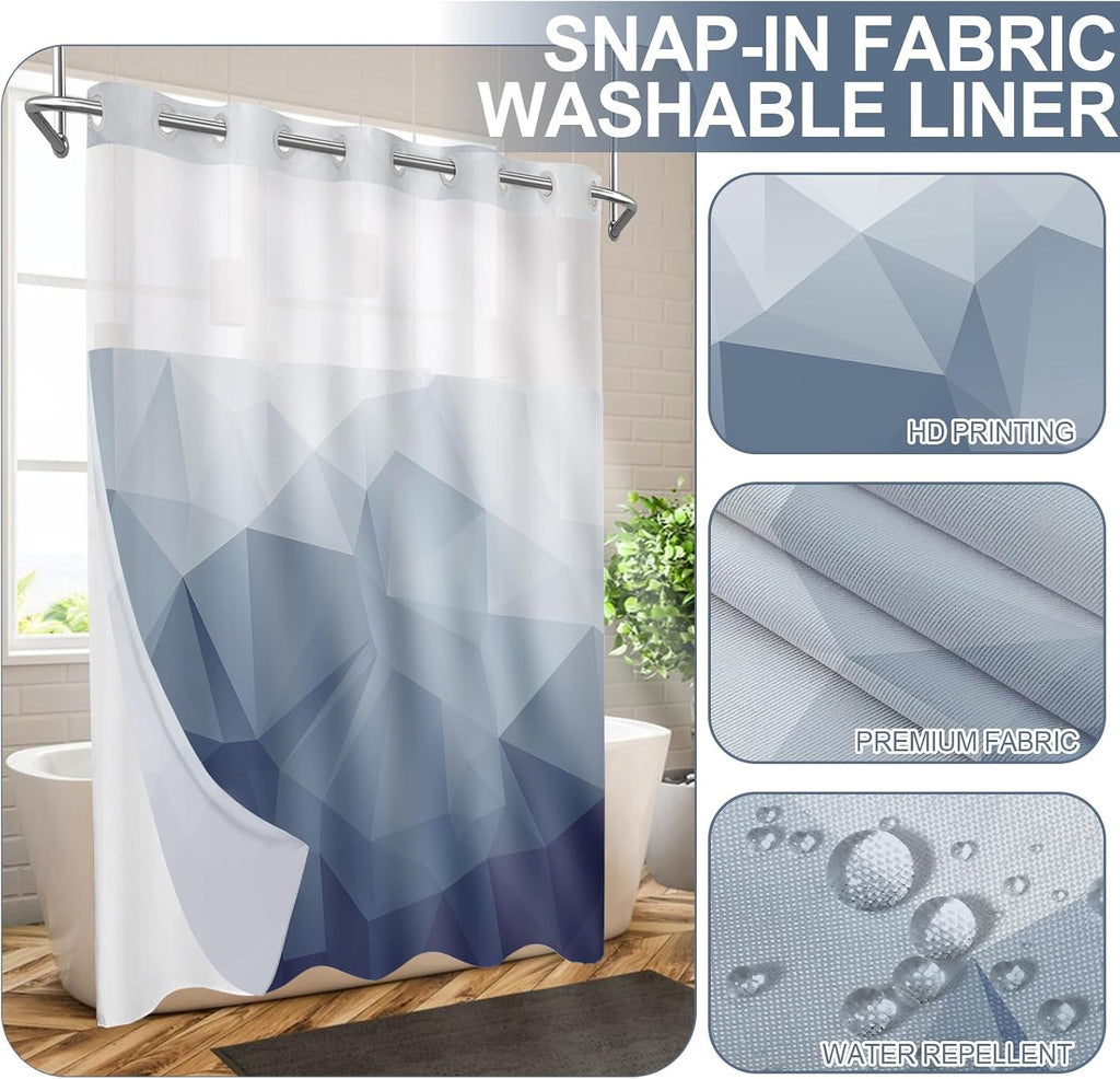 No Hook Shower Curtain with Snap in Liner Set, Blue, 71x74 | Waterproof Fabric , Modern Hotel Style Ombre Design