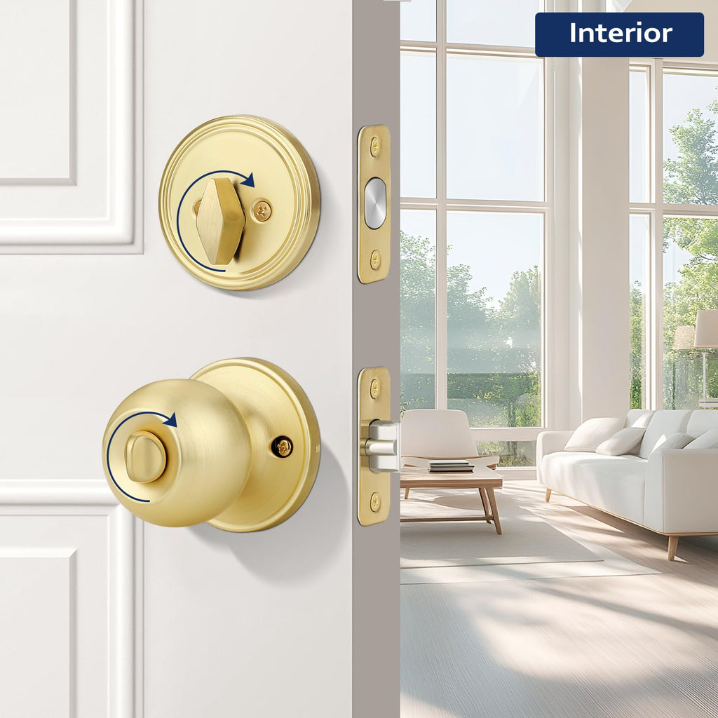 3 Pack Satin Brass Entry Door Locksets with Deadbolt