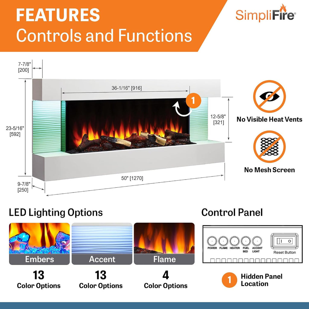 36-Inch Wall Mount Electric Fireplace with 50-Inch Floating Mantel (SF-FORMAT36-SF-FM50-WH)