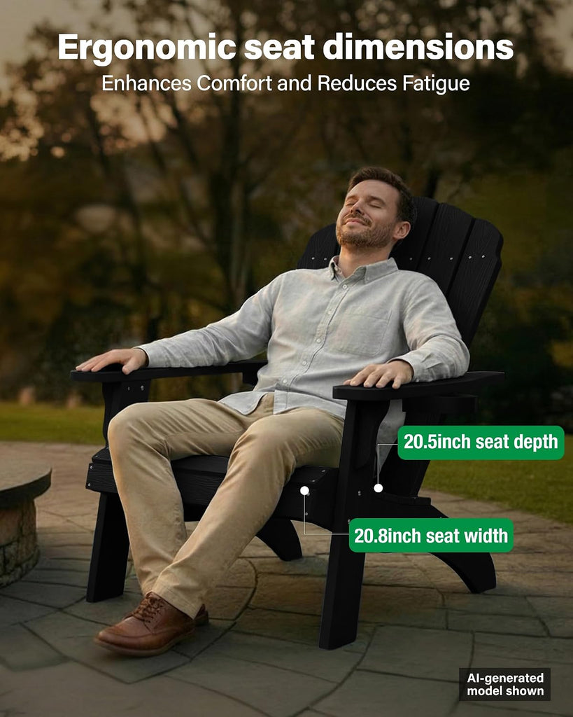 Oversized Adirondack Chair with Cup-Holder - Black | Heavy Duty Poly Lumber Outdoor Fire Pit Chair, Weather