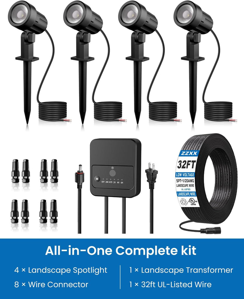 All-in-One Low Voltage Landscape Lighting Kit, 4-Pack, Warm White | LED Landscape Lights with Transformer 32FT Wire