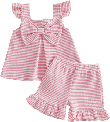 Toddler Baby Girl Summer Outfit Cute Bow Flutter Sleeve Ruffle Tops Dress Shorts Outfits Set