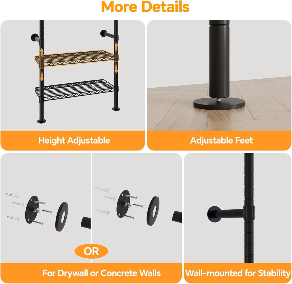 W3 Industrial Pipe Clothing Rack, Wall Mounted Clothes Rack Closet Wardrobe System with Expandable Hanger Rods