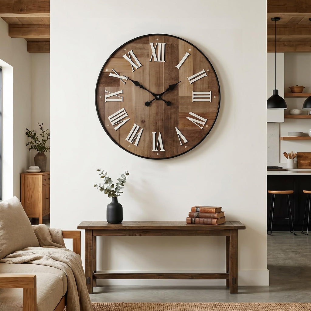 30 Inch Large Farmhouse Wall Clock with 3D Roman Numerals (Brown)