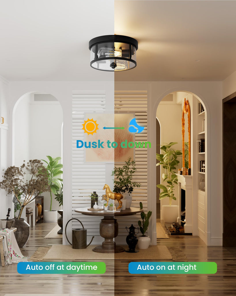 Outdoor Ceiling Light with Motion Sensor 9.3in - Porch Lights Outdoor, E26 Base, Flush Mount, 360° Detection, 3 Modes