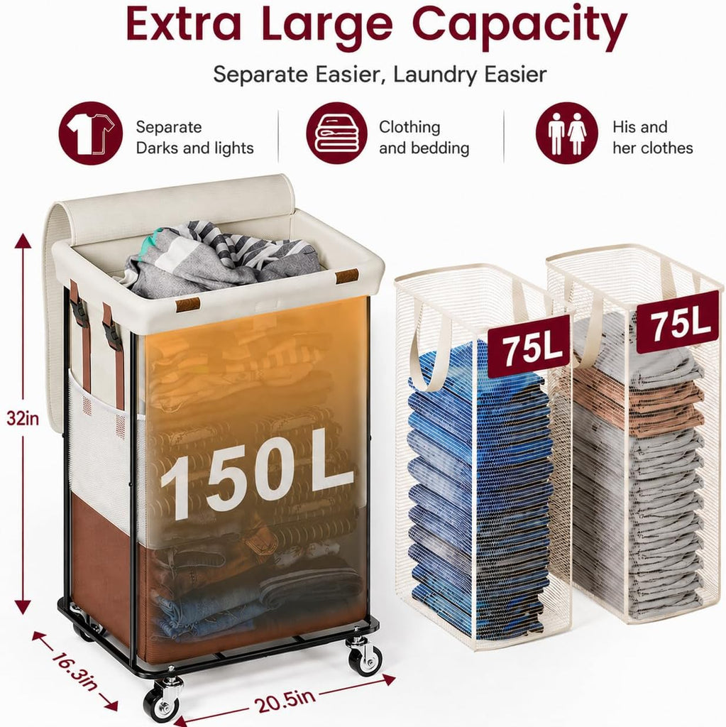 Double Laundry Hamper with Lid, Rolling Laundry Basket with Wheels and 2 Removable 75L Bags, 2 Section Large Capacity