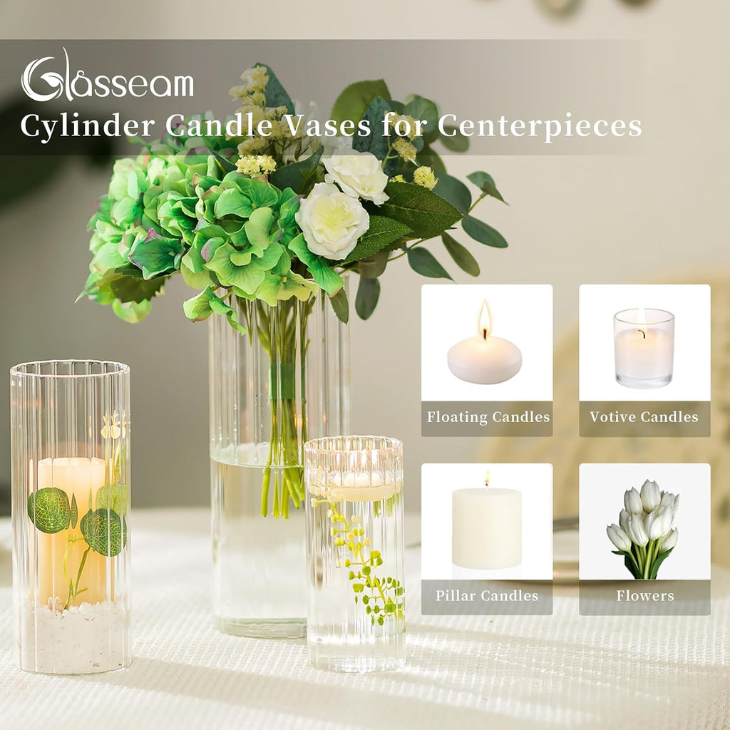 Ribbed Glass Candle Holder, Cylinder Candle Holders for Pillar Candles, Clear Hurricane Candle Holder Set of 6
