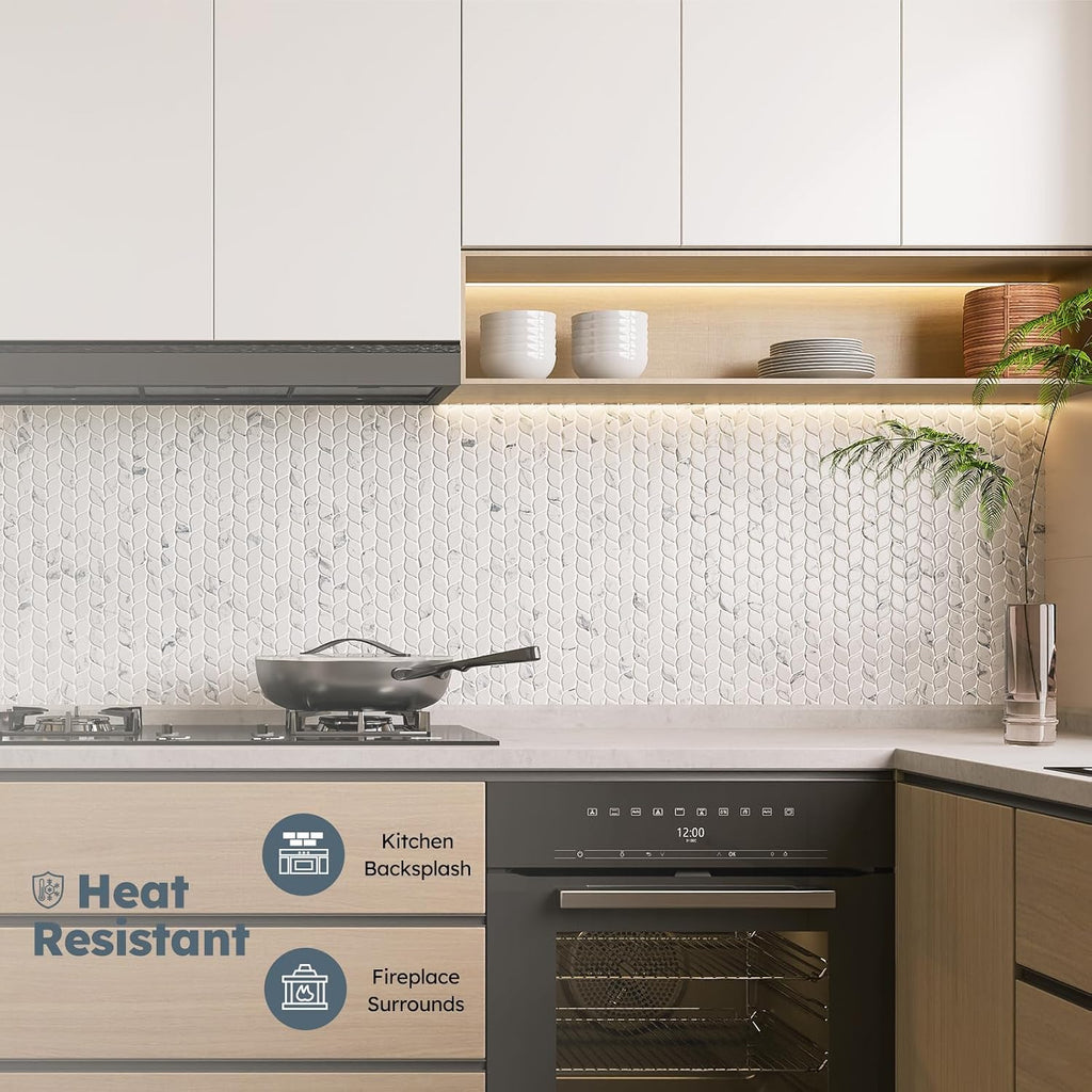 Recycled Glass Backsplash Tile, White Marble Leaf-Shaped, 5 Sheets
