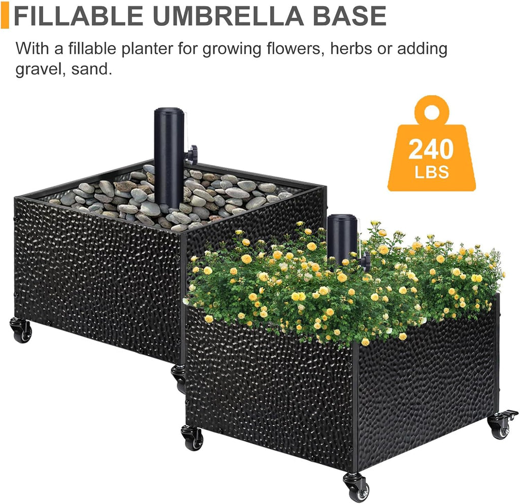 Heavy-Duty Metal Umbrella Base Stand with Wheels, 150lb Capacity Portable Fillable Planter - Black