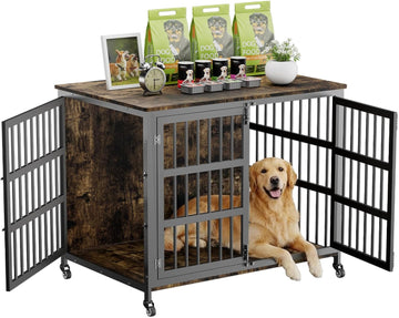 42" Furniture Style Large Dog Crate with Wheels, Metal Chew-Resistant Dog Kennel Indoor for Large & Medium Dogs