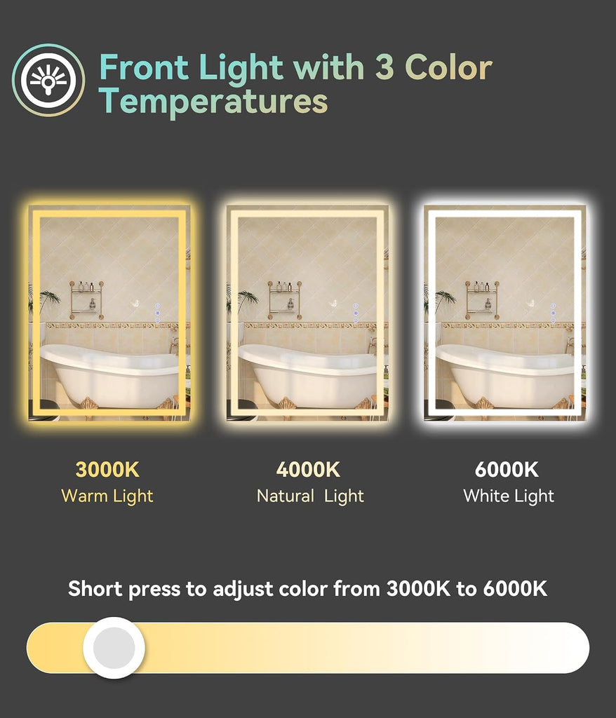 28" x 20" LED Vanity Mirror with RGB Backlight and Front Light, Anti-Fog Color-Changing Bathroom Mirror