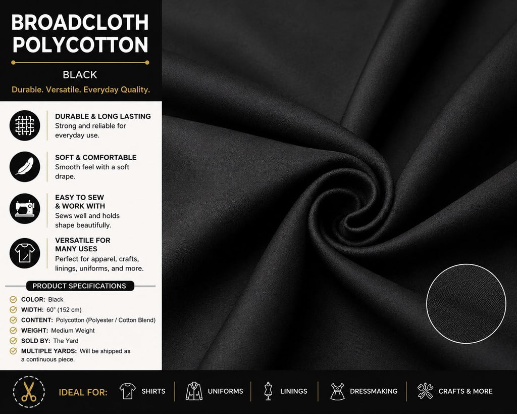 Designz 60" Wide Black Premium Cotton Blend Broadcloth Fabric - Lightweight Smooth Durable Soft Wrinkle-Resistant