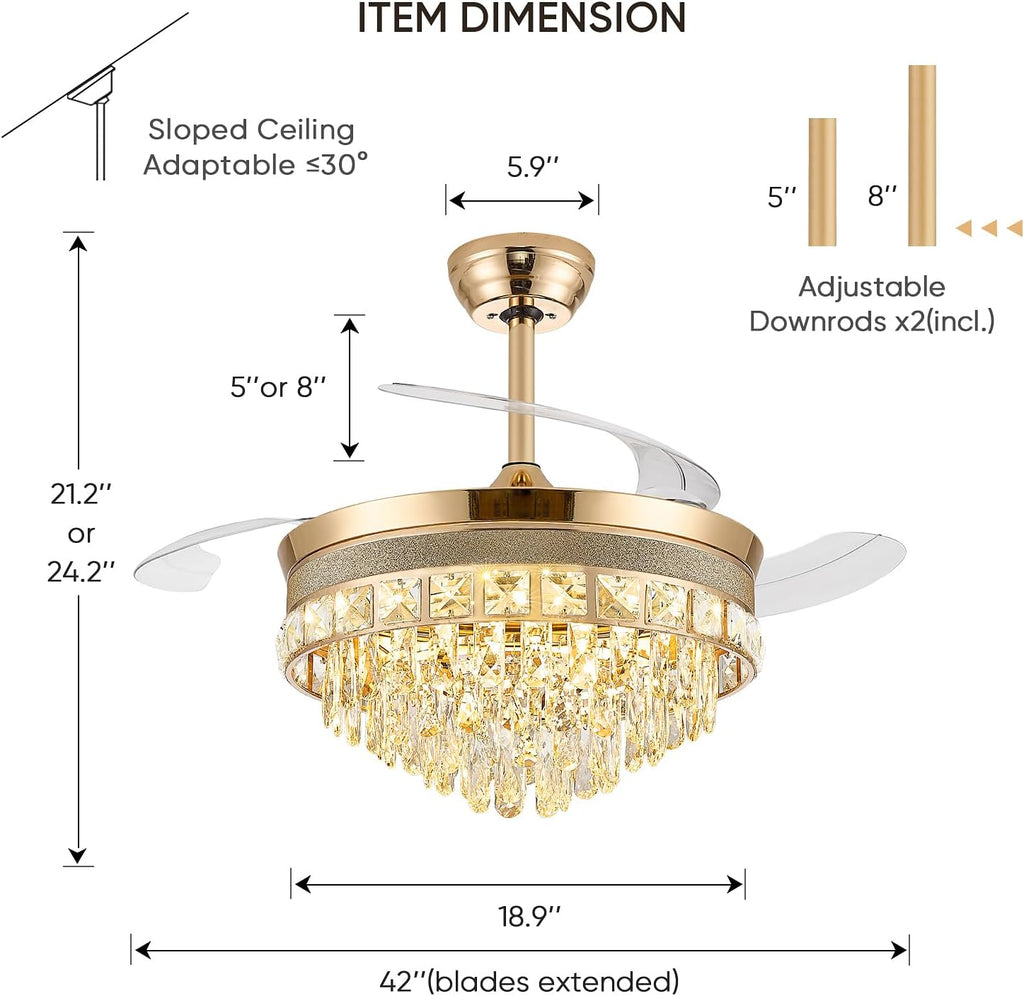48 Inch Chandelier Ceiling Fans with Lights, Retractable Ceiling Fan with Lights, Crystal Fandelier Ceiling Fan