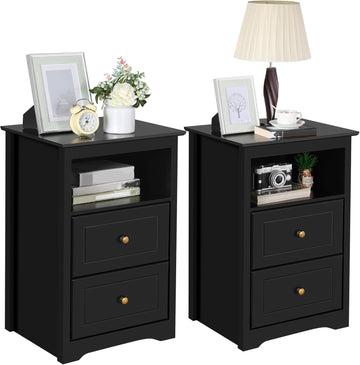 Nightstand Set of 2, Wooden Bedside Tables with 2 Drawer and Cubby, 2Pcs Tall Nightstand Small Space, Bedside Cabinet