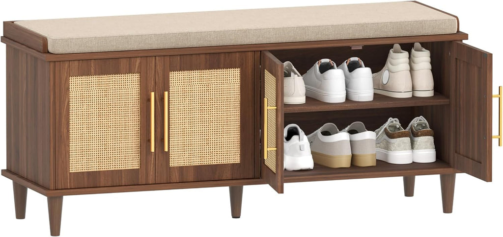 Rattan Shoe Storage Bench with Cushion, 2-Tier Entryway Bench with Adjustable Shelves and 4 Doors, 15" D x 47.2" W x