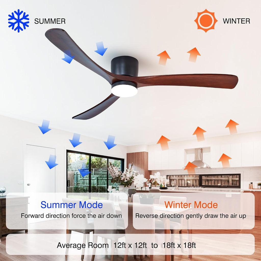 Modern 60 Inch Low Profile Flush Mount Ceiling Hugger Fan with LED Lights and Remote Control - 3 Wood Blades, Reversible DC Motor, 6 Speeds - Walnut and Matte Black