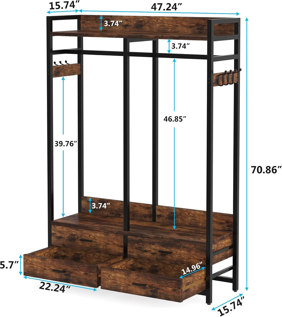 Freestanding Closet Organizer, Garment Rack with 4 Drawers | Heavy Duty Clothing Rack, Open Wardrobe Closet , 8 Hooks
