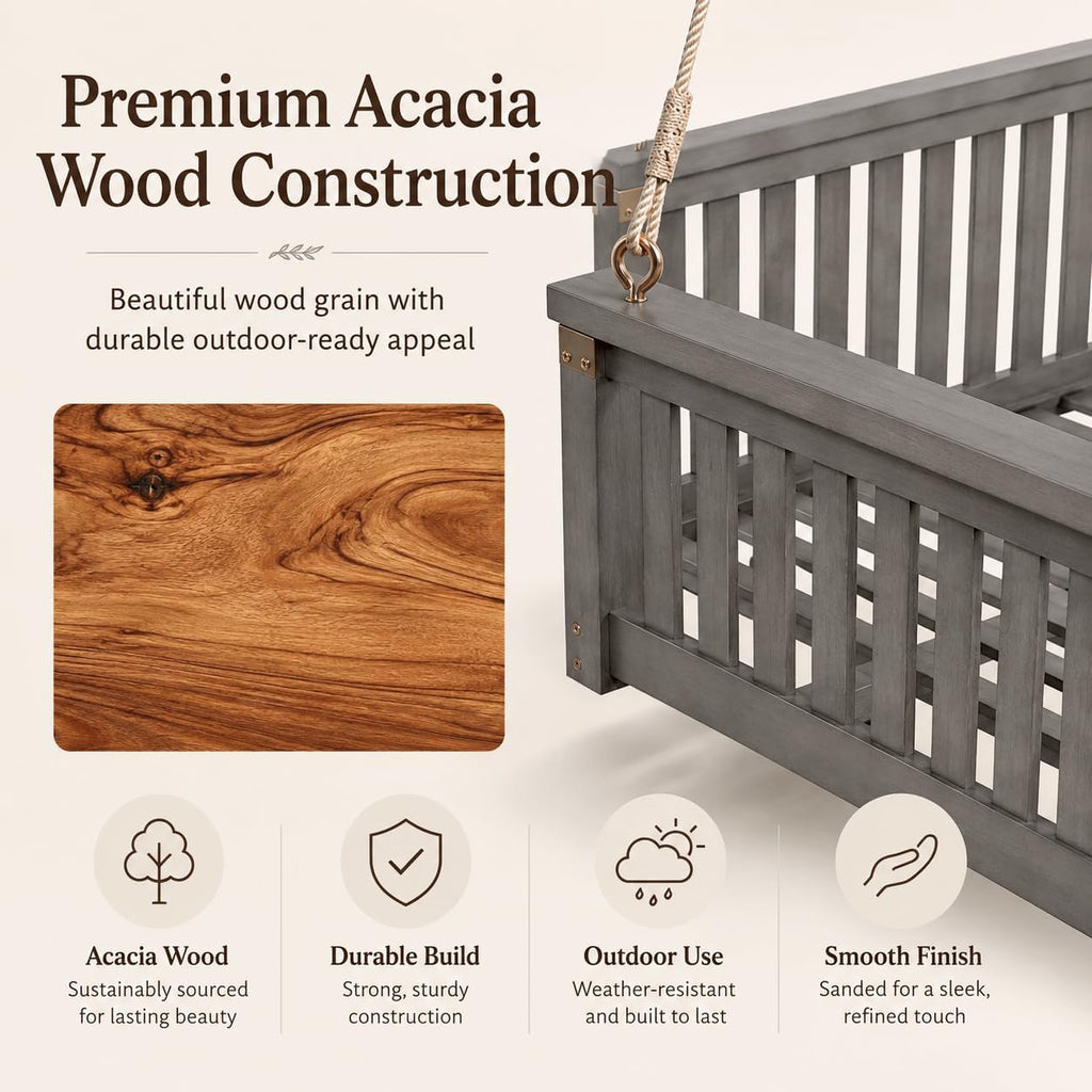 Twin Size Acacia Wood Hanging Swing Bed with Ropes, Outdoor Porch Daybed , Garden & Backyard, Minimalist Wooden Swing