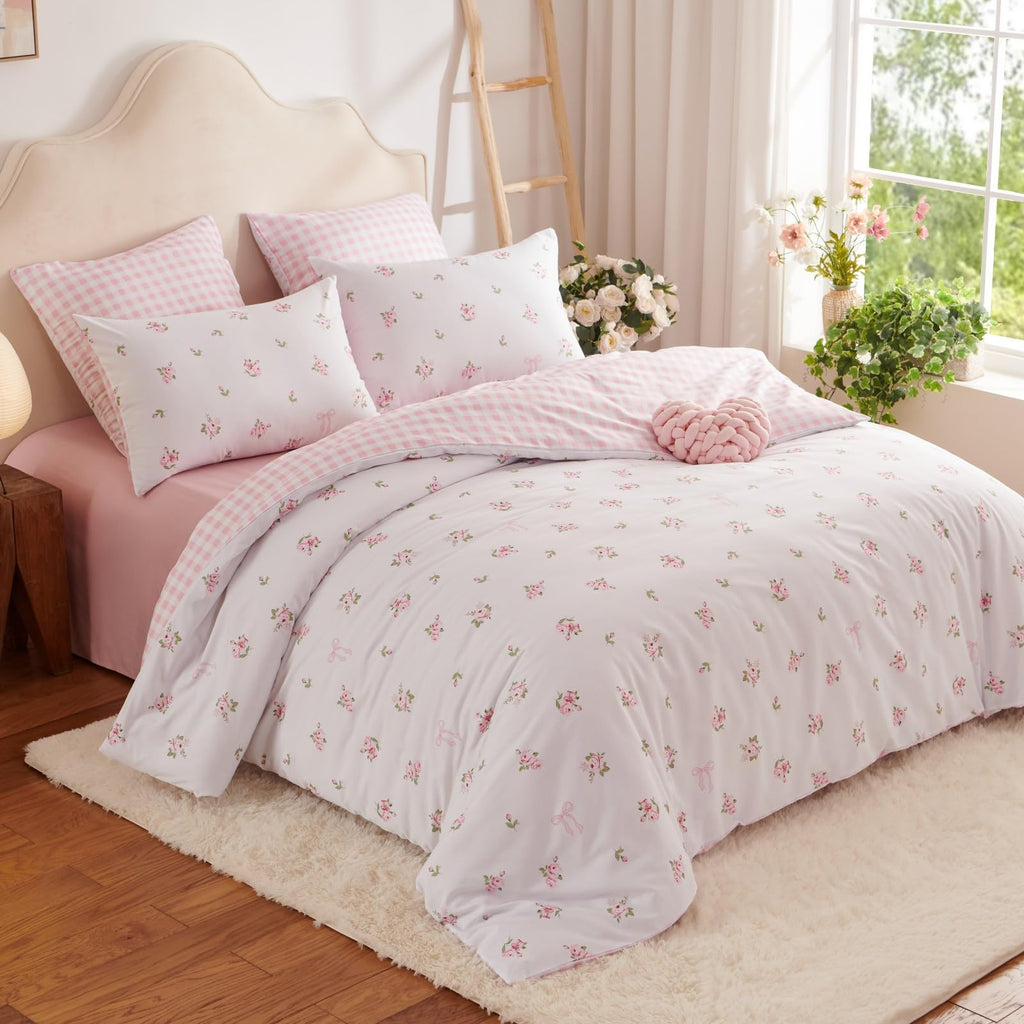 Floral Comforter Set, Pink Bedding Set with Gingham Pattern