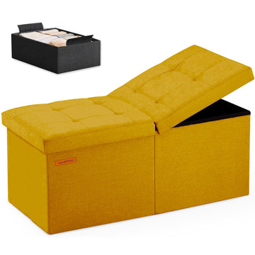 Ottoman with Storage Bench Folding Foot Rest Stool Linen Gold